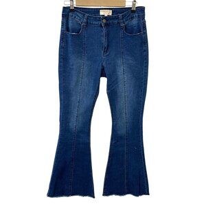 Retro Chelsea & Violet Frayed Hem Flared Denim Jeans Medium Wash Indigo Women 29